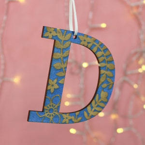 Wooden Letter Hanging Decoration, Floral Painted Engraved Initial Gift Tag, Christmas Ornament image 4
