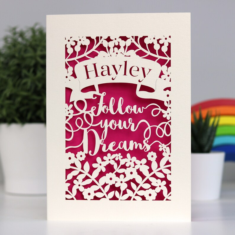 Follow Your Dreams Personalised Papercut Card, Good Luck, Graduation, Leaving Card, Laser Cut Card, sku_follow_your_dreams Shocking Pink