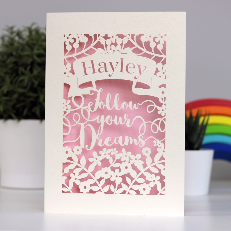 Follow Your Dreams Personalised Papercut Card, Good Luck, Graduation, Leaving Card, Laser Cut Card, sku_follow_your_dreams Candy Pink