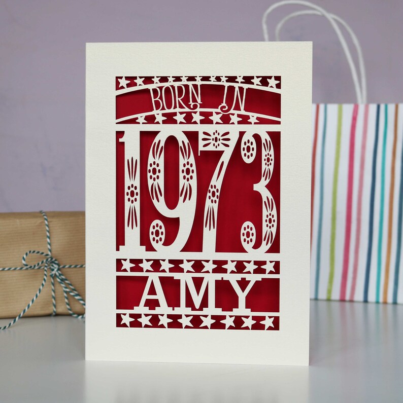 Personalised Papercut Born In 1973 50th Birthday Card A5 size, sku_Born_in Dark Red