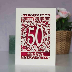 Carte d'anniversaire personnalisée découpée au laser, découpée au laser, fleur d'âge, carte d'âge floral joyeux anniversaire, cartes faites main au Royaume-Uni Shocking Pink