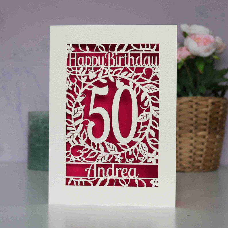 Tarjeta de cumpleaños de flores de edad especial cortada con láser personalizada, tarjeta de edad de feliz cumpleaños floral, sku_flower_birthday Shocking Pink
