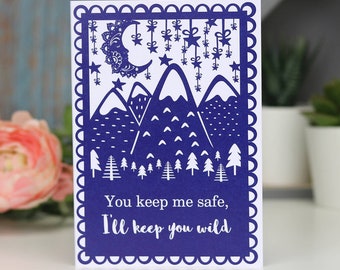 You Keep Me Safe, I'll Keep You Wild Printed Card, Father's Day Card, Daddy, Dad, Adventurers, Mountains, Stars, Blue, A6 Cards, sku_WP137