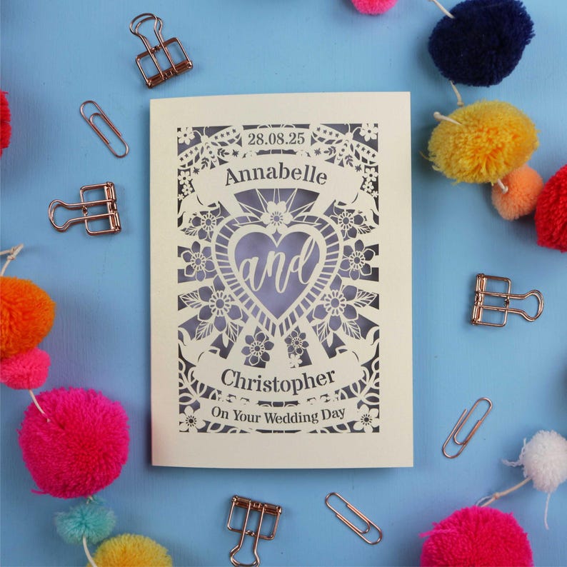 A personalised laser cut wedding card with floral filigree papercut design. Card has a space for the date at the top, a banner with a name, a heart shape with the word 'and' and another banner for the second person's name. Card says on your wedding day at the bottom.
