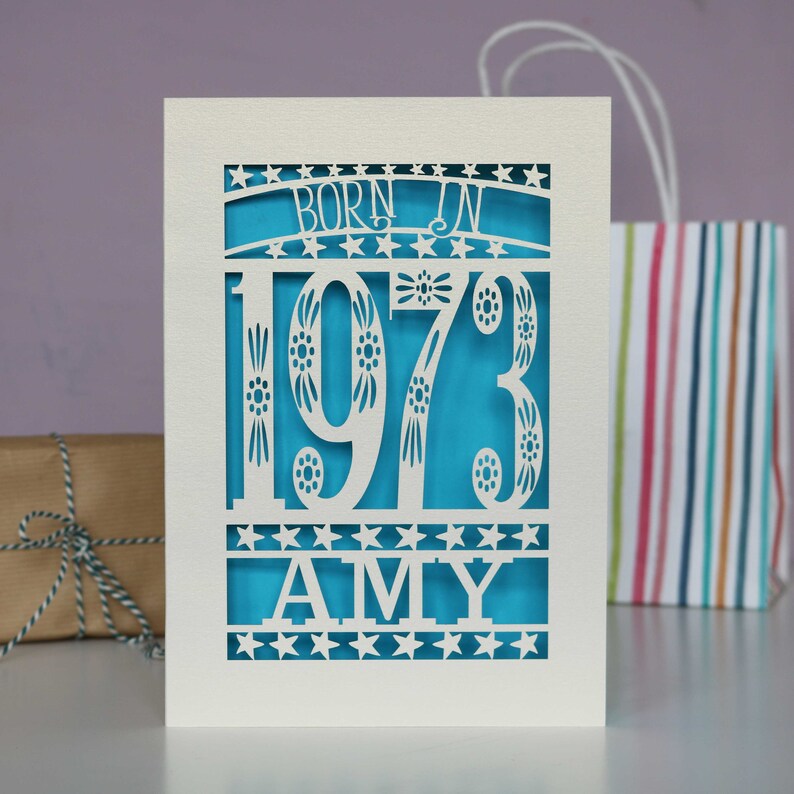 Personalised Papercut Born In 1973 50th Birthday Card A5 size, sku_Born_in Peacock Blue