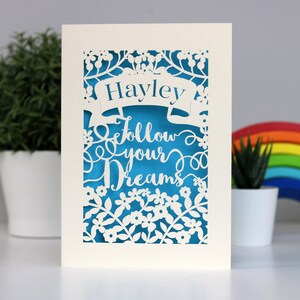 Follow Your Dreams Personalised Papercut Card, Good Luck, Graduation, Leaving Card, Laser Cut Card, sku_follow_your_dreams Peacock Blue