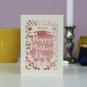Personalisierte Papierschnitt Muttertagskarte, Laser geschnitten Mama Karte, sku_m.p.banner Candy Pink