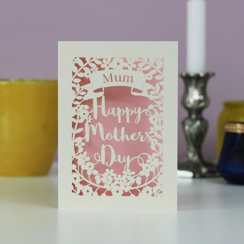 Personalised Papercut Happy Mother's Day Card, Laser cut mummy card, sku_m.p.banner Candy Pink