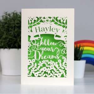 Follow Your Dreams Personalised Papercut Card, Good Luck, Graduation, Leaving Card, Laser Cut Card, sku_follow_your_dreams Bright Green