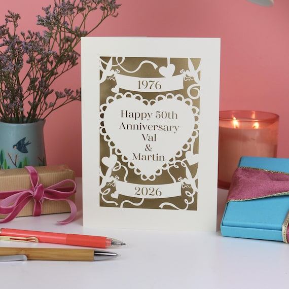 Golden Wedding Anniversary Papercut Card, 50th Anniversary Personalised Card