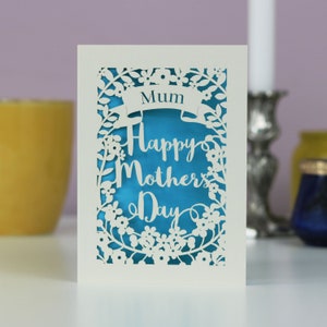 Personalised Papercut Happy Mother's Day Card, Laser cut mummy card, sku_m.p.banner Peacock Blue