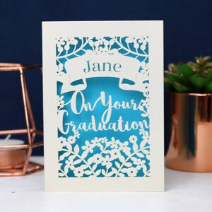 Personalised Papercut Graduation Card, On Your Graduation Congratulations Laser Cut Card, sku_graduation Peacock Blue