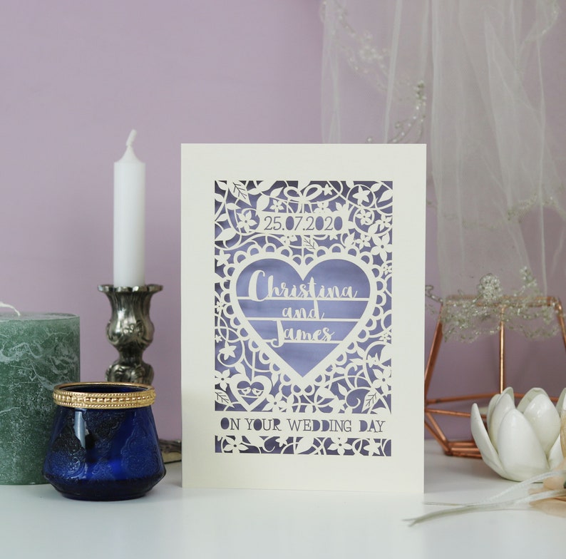 Carte personnalisée le jour de votre mariage, carte de mariage découpée au laser, carte de mariage découpée au laser, cartes faites main au Royaume-Uni Lilac
