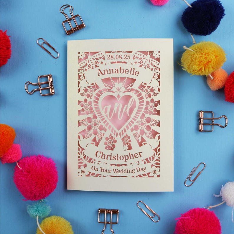 A personalised laser cut wedding card with floral filigree papercut design. Card has a space for the date at the top, a banner with a name, a heart shape with the word 'and' and another banner for the second person's name. Card says on your wedding day at the bottom.