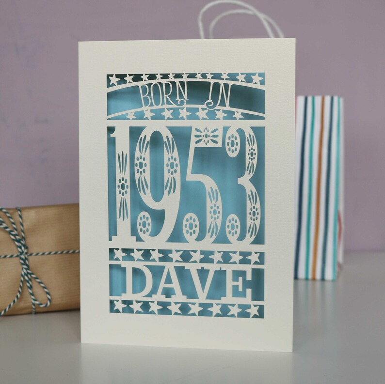 Personalised Papercut Born In 1953 70th Birthday Card A5 size, sku_Born_in Light blue