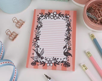 A6 Lined Notepad | Floral Flamingo Daily Planner for Shopping List | UK Made