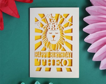 Personalised Papercut Lion Birthday Card, Party Hat Children's Birthday Card
