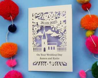 Carte de mariage personnalisée en papier découpé – Carte souvenir de mariage à l'église découpée au laser