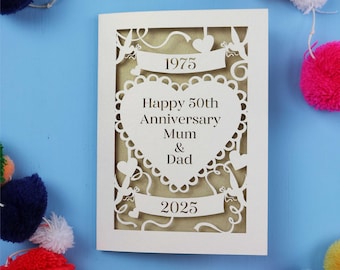 Carte papercut d'anniversaire de mariage doré, carte personnalisée 50e anniversaire