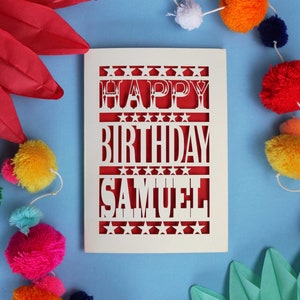 Papercut alles Gute zum Geburtstag personalisierte Karte, Laser geschnitten Geburtstagskarte mit Name