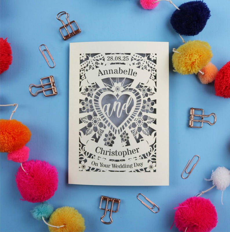 A personalised laser cut wedding card with floral filigree papercut design. Card has a space for the date at the top, a banner with a name, a heart shape with the word 'and' and another banner for the second person's name. Card says on your wedding day at the bottom.