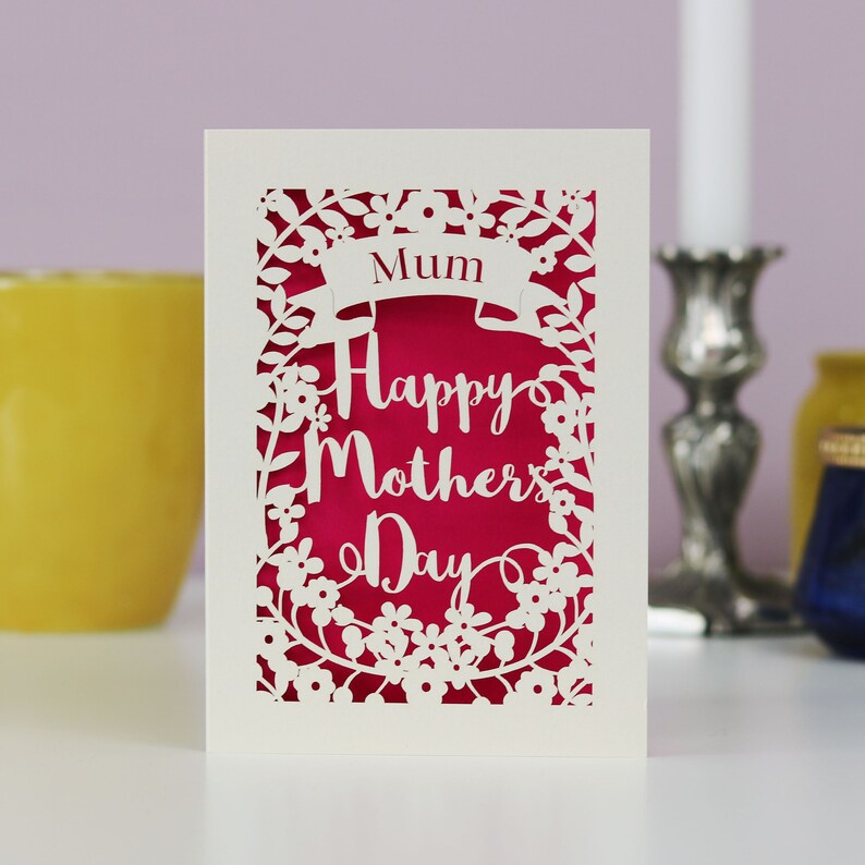 Personalisierte Papierschnitt Muttertagskarte, Laser geschnitten Mama Karte, sku_m.p.banner Shocking Pink