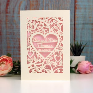 Personalised Papercut Heart Wedding Card, Wedding Cards, Mr and Mrs Papercut Wedding Card Anniversary Card, sku_heart_wedding Candy Pink