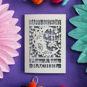 Machen Sie einen Wunsch Personalisierte Laser Cut Papercut Mond Geburtstagskarte, Boho Mond alles Gute zum Geburtstagkarte,