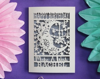 Make a Wish Personalised Laser Cut Papercut Moon Birthday Card, Bohemian Moon Happy Birthday Card, sku_bday_moon