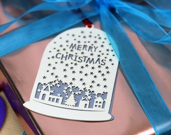 Set Of Five Assorted Papercut Snow globe Gift Tags, Laser Cut tags for gift wrapping