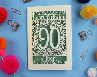 Carte personnalisée pour 90e anniversaire – Motif floral personnalisé découpé au laser en papier – Idées de 90e anniversaire pour grand-père ou grand-père