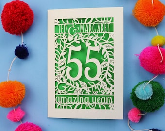 Emerald Wedding Anniversary Papercut Card, Floral Personalised 55th Anniversary Card  - 55 Amazing Years