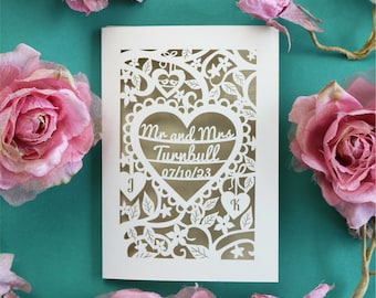 Carte de mariage personnalisée en forme de coeur, cartes de mariage, carte de mariage de M. et Mme Papercut, carte d'anniversaire