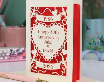 Ruby Wedding Anniversary Papercut Card, 40th Anniversary Personalised Card