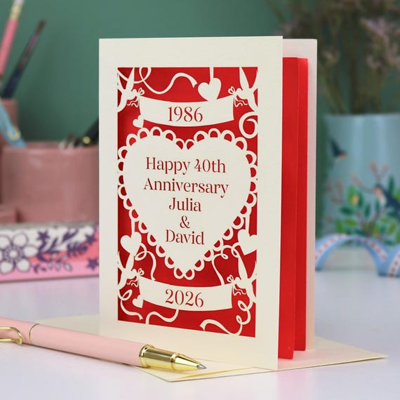 Ruby Wedding Anniversary Papercut Card, 40th Anniversary Personalised Card