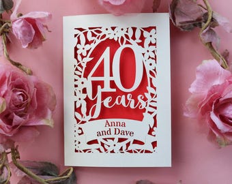Carte d'anniversaire de 40 ans rubis en papier découpé, carte de 40e anniversaire de mariage