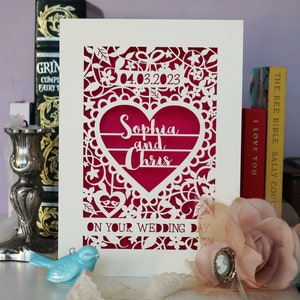 Carte personnalisée le jour de votre mariage, carte de mariage découpée au laser, carte de mariage découpée au laser, cartes faites main au Royaume-Uni Shocking Pink