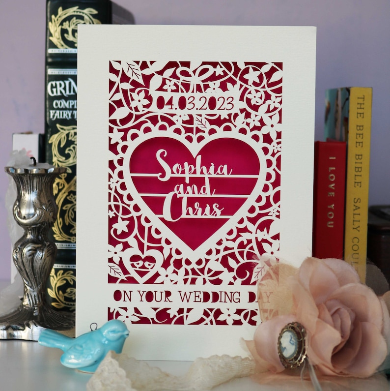 Personalised Papercut On Your Wedding Day Card, Laser Cut Wedding Card, Paper Cut Card for Weddings, sku_On_Your_Wedding_Day Shocking Pink
