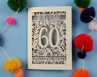 Carte papier découpée en diamants d'anniversaire de mariage, carte florale personnalisée 60e anniversaire - 60 années incroyables