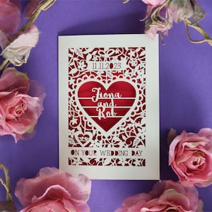 Papier découpé personnalisé le jour de votre mariage, carte de mariage découpée au laser, carte découpée en papier pour mariage, sku_On_Your_Wedding_Day Dark Red