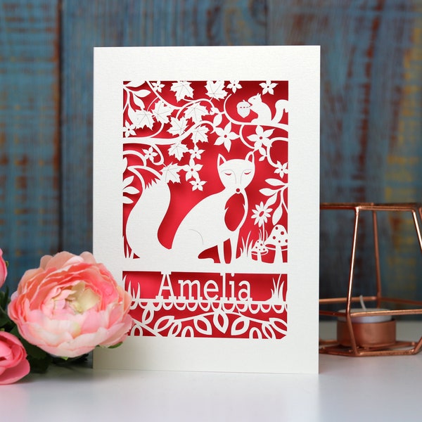 Personalised Laser Cut Papercut Fox Age Birthday Card, Paper Cut Fox Woodland Card, Squirrel Toadstool Flower Card, sku_fox