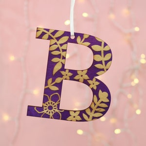 Wooden Letter Hanging Decoration, Floral Painted Engraved Initial Gift Tag, Christmas Ornament image 1