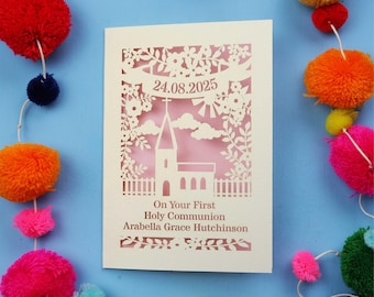 Carte de première communion - carte d'église personnalisée découpée en papier