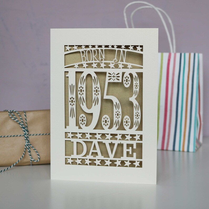 Personalised Papercut Born In 1953 70th Birthday Card A5 size, sku_Born_in Gold Leaf