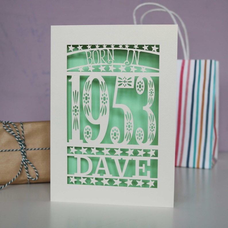 Personalised Papercut Born In 1953 70th Birthday Card A5 size, sku_Born_in Light Green