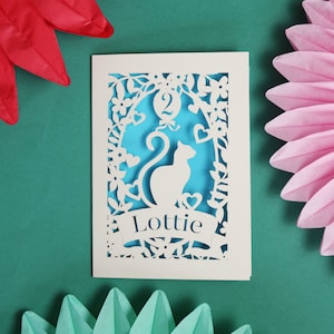 Personalised Papercut Cat Birthday Card, Paper Cut Cards for Children, Cat Lady Birthday Card