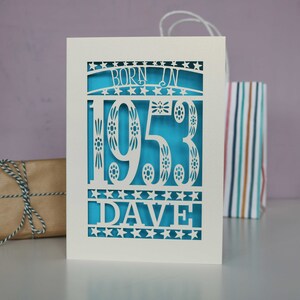 Personalised Papercut Born In 1953 70th Birthday Card A5 size, sku_Born_in Peacock Blue