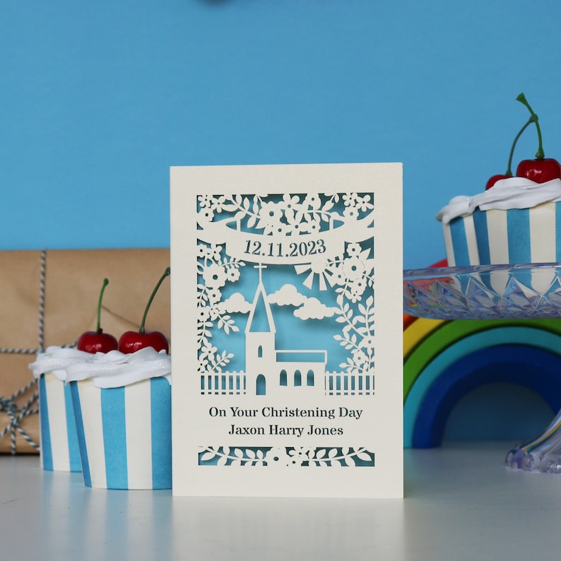 Personalised Papercut Floral Christening Card, sku_floral_christening Light Blue