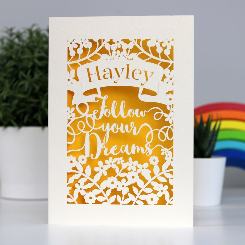 Follow Your Dreams Personalised Papercut Card, Good Luck, Graduation, Leaving Card, Laser Cut Card, sku_follow_your_dreams Sunshine Yellow