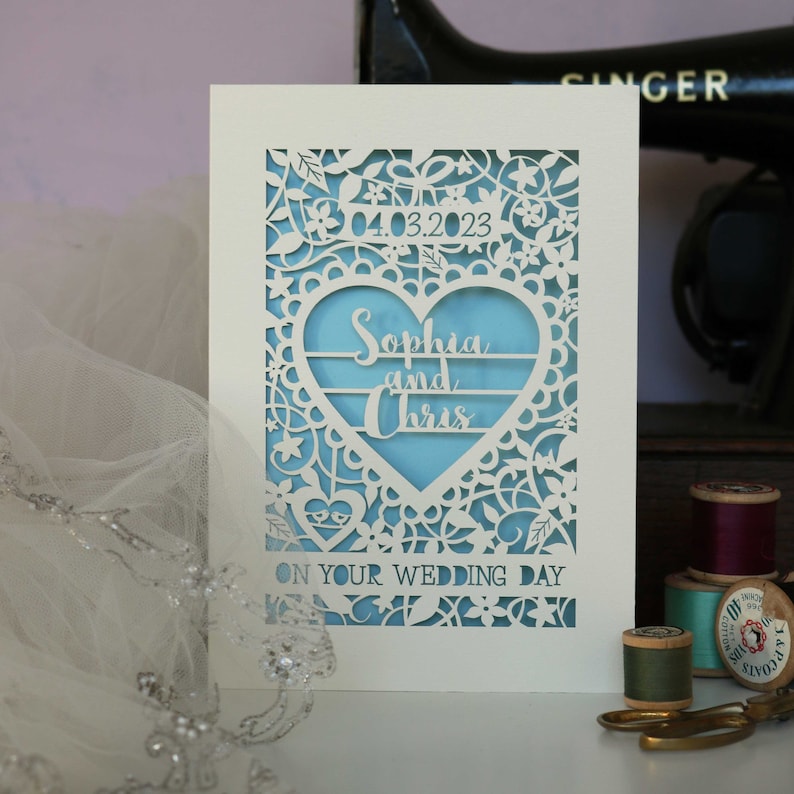 Papier découpé personnalisé le jour de votre mariage, carte de mariage découpée au laser, carte découpée en papier pour mariage, sku_On_Your_Wedding_Day Light Blue